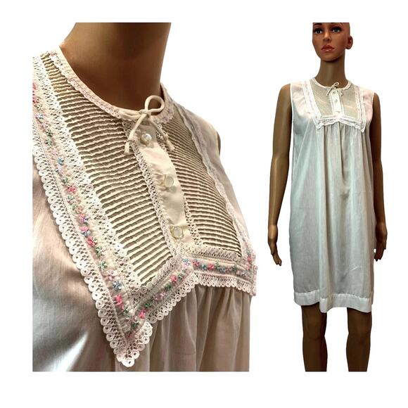 60s White Nightgown | Lace & Embroidery Bib | Semi Sheer | Barbizon "June" | S - Picture 1 of 11